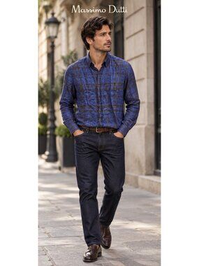Massimo Dutti Men’s 100% Linen Blue Brown Plaid Button Down Shirt Size S